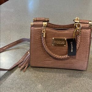 Bebe Croc-Embossed Crossbody Bag in Brown with Gold Accents